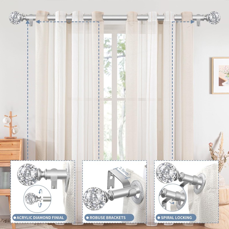 TVWOO Silver Decorative Crystal Curtain Rods 2 Pack:18-45"Heavy Duty Adjustable