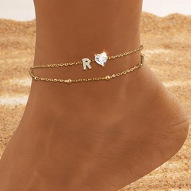 TCXOO Anklets Bracelets for Women 14k Gold Plated Waterproof CZ Initial Anklet for Women Layered Letter Heart Ankle Bracelets Beach Adjustable Foot Chain