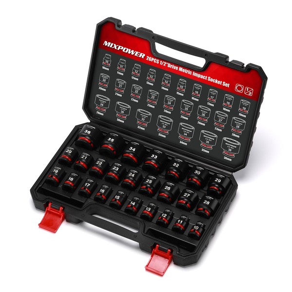 MIXPOWER 26 Pieces 1/2'' Drive Shallow Impact Socket Set,12 Point,Metric,10-36mm,CR-MO,Axle