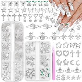 96 Pcs Cross Star Silver Nail Charms Gems, Butterfly Cross Cherry Nail Art Charms, Silver Butterfly Cross Heart Star Nail Gems Charms for Nails Art DIY Supplies