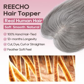 REECHO Hair Toppers for Women Real Human Hair, Seamless Human Hair Toppers with Bangs, 360° 3D Cover Clip in Bangs Hair Extensions for Daily Wear, Dark Gray