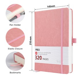 Notebook A5, Hardback A5 Notebook Thick Journal Notebook 320 Pages 100GSM A5 Lined Note Book Hardcover Notepad with Inner Pocket, Pen Loop, Elastic Closure and 2 Ribbon Page Marker,14.5 x 21cm-Pink