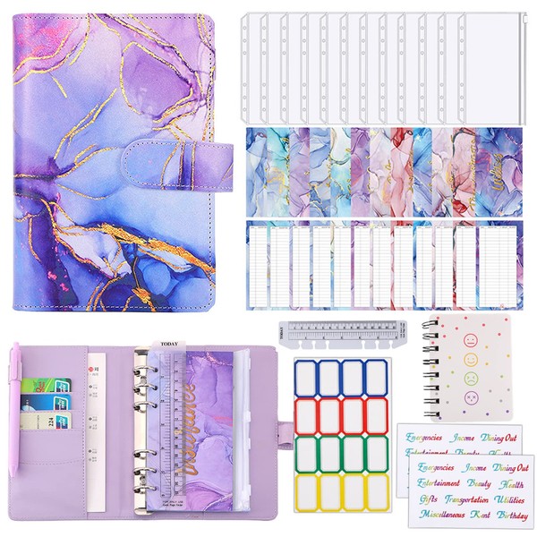 A6 Binder, Budget Loose Leaf, Household Book, Budget Planning Money Book, Saving Wallet Loose Leaf Binder, 6 Ring Loose Leaf Binder, 12 Clear Cash Envelopes, 12 Budget Tables, Ruler and Stickers (Purple)