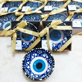 HAPPY PARTY FAVORS 12 PCS, Wedding Favors for Guests Bulk, Bridal Shower Guest Favors, Baby Shower Party Favors, Evil Eye Ceramic Bowls with Gold Ribbon, Thank You Tag, decorative bowls (12)