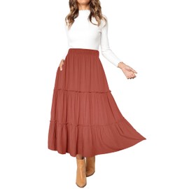 Afibi Womens High Waist A Line Ruffle Swing Long Maxi Skirt with Pockets (Large, Caramel)