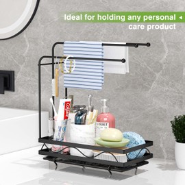 VANZBON Sponge Holder for Kitchen Sink,Countertop Kitchen Sink Sponge Caddy Stainless Steel,Soap and Brush Holder with Hanger,All in 1 Kitchen Sink Organizer with Drain Tray,Fast Drying,Large,Black