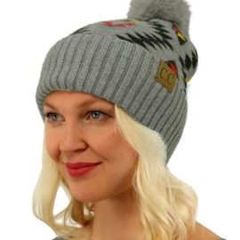 C.C Fur Pom Winter Fall Trendy Chunky Stretchy Cable Knit Beanie Hat (Aztec Lt. Gray)