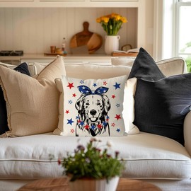 QIONG MENG 4th of July Pillow Covers 18x18 Inch Golden Retriever Yellow Lab Patriotic Throw Pillowcase Independence Memorial Day Dog Cushion Case for Home Sofa Farmhouse Decorations