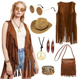 TOSZOLY Hippie Kostüm Damen, 60er 70er Jahre Fransenweste Boho Weste Braun mit Accessoires, 70er jahre Outfit für Karneval Fasching Disco Party