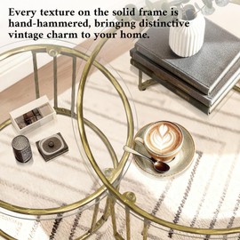 Nesting Coffee Table Set of 2, 23.6" Round Coffee Table, Hand Forged Vintage Gold Center Table, Accent Table with Glass Top for Living Room, Bedroom, Balcony