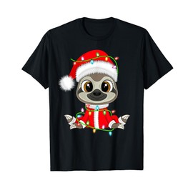 Funny Sloth Christmas Lights Santa Costume Cute Animal Xmas T-Shirt