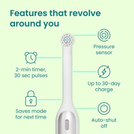 Quip Rev 360 Oscillating Rechargeable Electric Toothbrush with Extra Brush Head - Soft Bristles, Pressure Sensor, 3 Intensities, 30-Day Battery, 2-Min Timer, Travel Case, Mirror Mount - Silver Cloud