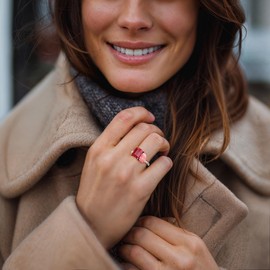 Ross-Simons Pink Rhodochrosite and 3.20 Carat Ruby Toi Et Moi Ring in Sterling Silver. Size 5