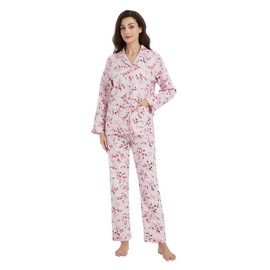 GLOBAL Pyjamas for Women Flannel Cotton Sleepwear long Ladies Pyjamas Sets Button Down Loungewear Pink Flowers M