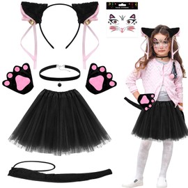 Lets Joy Cat Costume Children's Set, Animal Costume Set for Children, Cat Cosplay Set, Cat Ears Headband, Cat Tail Face Tattoo, Paws, Collar, Tulle Skirt, Bow, Girls, Carnival Cat Costume