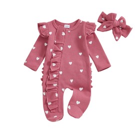Xiaodriceee My First Valentines Day Baby Girl Outfit Ruffle Heart Romper Waffle Jumpsuit Knit Sweater Onesie Valentines Baby Girl Outfit (A-Red, 3-6 Months)