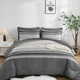 Dobuyly Grey Queen Comforter Set 7 Pieces, Boho Grey White Striped Bed in a Bag Queen Size Soft Microfiber Bedding Sets with Comforter, Sheets, Pillowcases & Shams