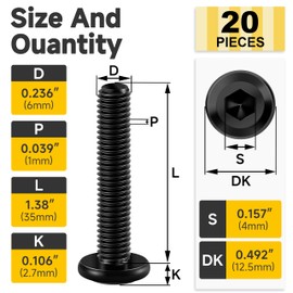 Mywish M6 x 35mm 20Pcs Flat Head Hex Socket Cap Screws Bolts, 304 Stainless Steel Furniture Bolts Full Thread, Black Oxide & Hex Spanner