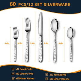 60 Piece Silverware Set for 12, Food-Grade Stainless Steel Utensils Set Includes Spoons Forks Knives, Sturdy Home Kitchen Eating Tableware Set,Wave Style Design & Mirror Polished - Dishwasher Safe