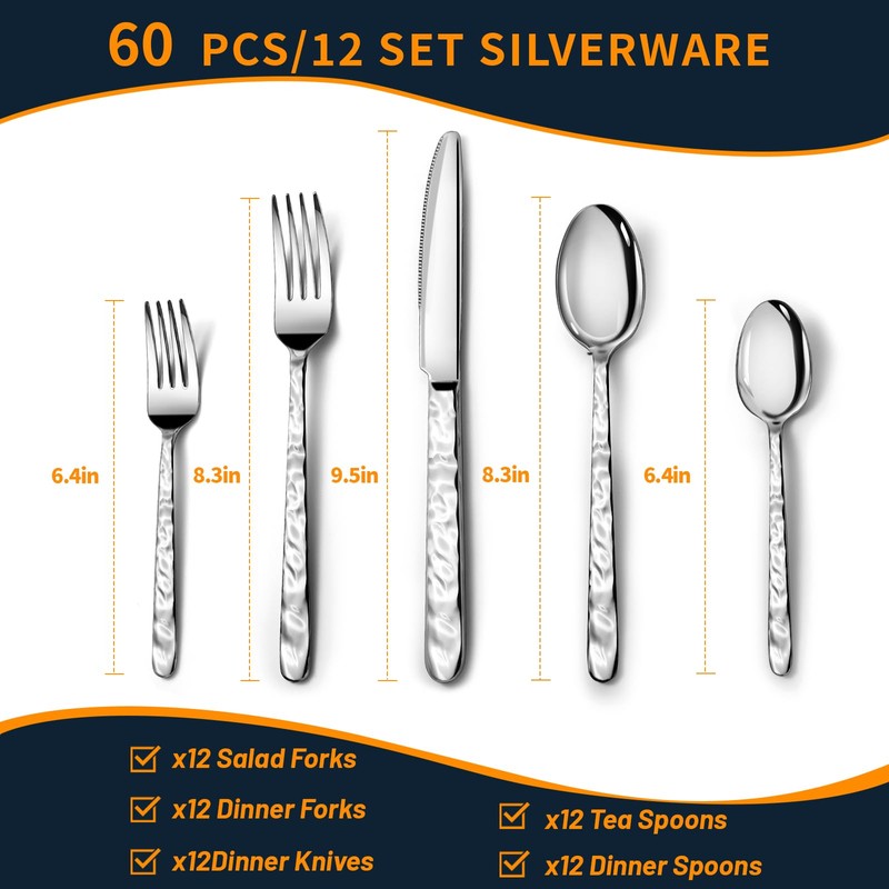 60 Piece Silverware Set for 12, Food-Grade Stainless Steel Utensils