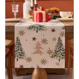 Vorysum Christmas Table Runner Beige Green Christmas Tree Snowflakes Christmas Table Runner Modern Seasonal Winter Kitchen Table Decoration Indoor Holiday Party Decor 40 x 140 cm (Christmas Tree
