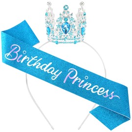 Birthday Princess Sash for Women Tiara & Crowns Headbands for Girls Happy Birthday Party Accessories Favor Supllies Leona Blue Silver Pink, 2 Pack