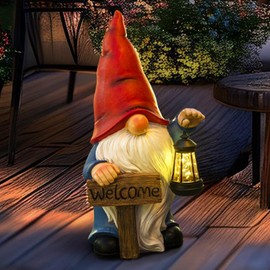 WONDHOME 22" Solar Large Gnome Garden Statue Big Gnome with Welcome Sign Outdoor Decor with LED Lantern Home Porch Yard Patio Lawn Ornament Christmas Housewarming Gardening Gift