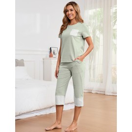 Namatime Womens Cotton Pajama Set Stripe 2 Piece Lounge Set Short Sleeve Capri Pj Set Comfy Loungewear Sleepwear with Pockets Summer Sleep Wear Sage Green Medium