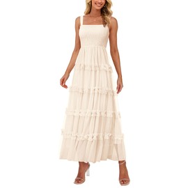 PRETTYGARDEN Women's Summer Dresses 2025 Sleeveless Smocked Tiered Ruffle Tulle A-Line Flowy Wedding Party Maxi Dress(Beige,Large)