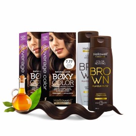 Professional Coloring kit - Permanent color cream hair dye. Gray Coverage. 7.77 Deep Pearl Brown + Brown Color Shampoo and Conditioner Kit for Revives the Color. 8.11oz