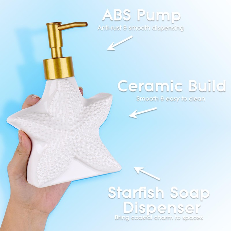 BUNCHBRAVO Starfish Soap Dispenser, 11oz Ceramic Lotion Pump Bottle, Nautical