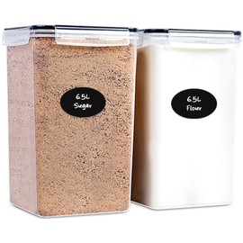 Extra Large Flour and Sugar Storage Containers 6.5L/220 Fl. oz; Set of 2 Plastic Bulk Airtight Food Storage Rice Containers With Lids - Kitchen Pantry Organizer and Storage Canisters, Marker & Labels