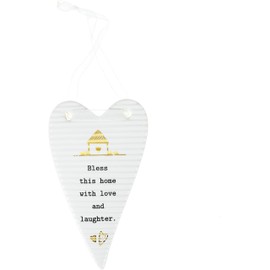 Pavilion Gift Company Bless This Home with Love and Laughter 4 Inch White & Gold Heart Porcelain Plaque Ornament with Ribbon