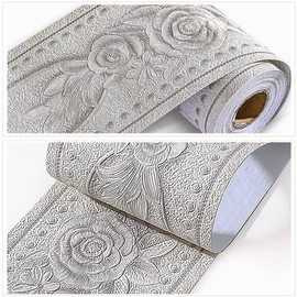 JZ·HOME 201 Peel and Stick Wallpaper Border 3D Decorative Floral Molding 4.2''×16.4ft White Rose Self Adhesive Wall Border Tiles Sticker Easy to Apply for Bathroom Kitchen
