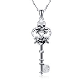 YAFEINI Key Skull Necklace 925 Sterling Silver Gothic Key Necklace Vintage Key Jewelry for Women Men