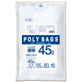 Ordi P-65 Trash Bags, Thick, Transparent, Clear, 10.9 gal (45 L), Width 25.6 x Height 31.5 inches (65 x 80 cm), Thickness 0.04 mm, Thick and Durable, Suitable for Heavy Items, Plastic Bags, Pack of 10