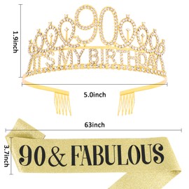Hapdoo 90th Gold Birthday Decorations for Women, 90 Birthday Women Decorations Set- It’s My Birthday Crown and Sash with 90 & Fabulous, Happy 90th Birthday Tiara Decorations Gifts for Women
