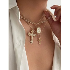 TMDSHS Gold Layered Cross Necklace Set For Women, 4Pcs Gold Chain Chunky Choker Cross Pendant Vintage Necklace Statement Dainty Adjustable Waterproof Non Tarnish Jewelry Gift, Large, Metal, No