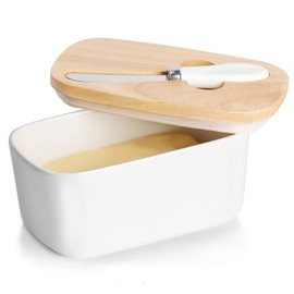 GDCZ Ceramics Butter Dish - Large Porcelain Butter Holder with Wooden Lid and Steel Knife(2 Sticks of Butter),White