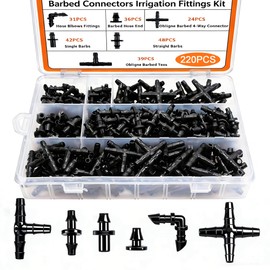Dianrui 220 PCS Drip Irrigation Kit, Drip Irrigation Parts 1/4'' Tubing Fittings Kit for Garden Lawn Flower Sprinkler Systems-End Plug/ 4-Way Connector/Single barbs/Straight Barbs/Oblique Barbed Tees