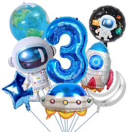 GGTTNRT 8Pcs Space Themed Balloons 3rd Birthday Decorations For Boy Space Themed Party Decorations, Astronaut Rocket Spaceship 3rd Birthday Balloons (Space)