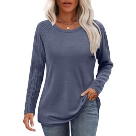 OFEEFAN Womens Fashion Long Sleeve Shirts Fall Tops 2025 Cute Cable Knit Tunic Sweaters Trendy Plus Size Women's Clothing Soft Solid Dusty Blue M