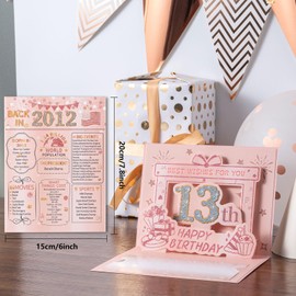 HOMANGA 13th Birthday Card, 3D Pop Up 13th Birthday Card for Girls Her, Back in 2012 Card with Envelope, 13th Birthday Gifts for Daughter, Sister (Rose Gold)