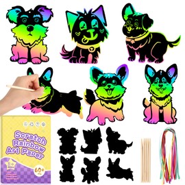 PrinBarBee 60pcs Dog Scratch Art for Kids,Magic Art Rainbow Color Craft Scratch Paper Kit for Kids,Scratch Crafts Card Set for Kids Age 4-12,Birthday Party Decors School Activity Craft Supplies