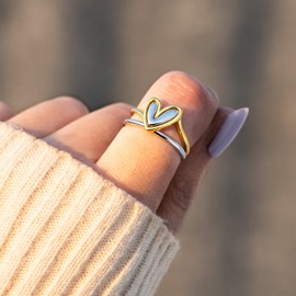 STORYJEWELLERY Heart Rings for Women, Mixed Metal Ring, Sterling Silver Statement Rings for Women, Two Tone Love Ring, Self Love Gifts, Size 11