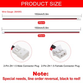 Lyeteung 30 Pairs JST 1.5 ZH 2 Pin Connectors, Mini Micro JST ZH 2-Pin Female and Male with 150 mm 26AWG Cable Wire (Black Red)