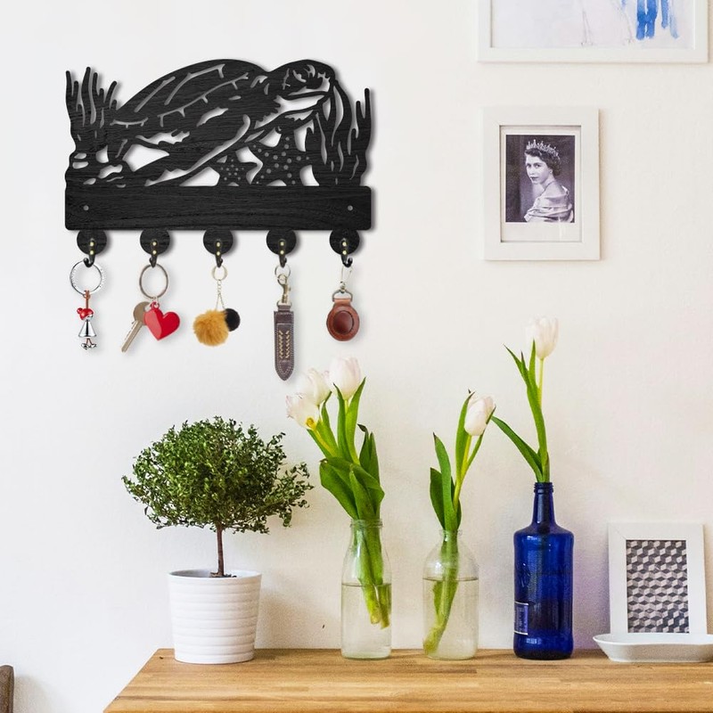 INFUNLY Ocean Theme Key Holder with 5 Key Hooks Black