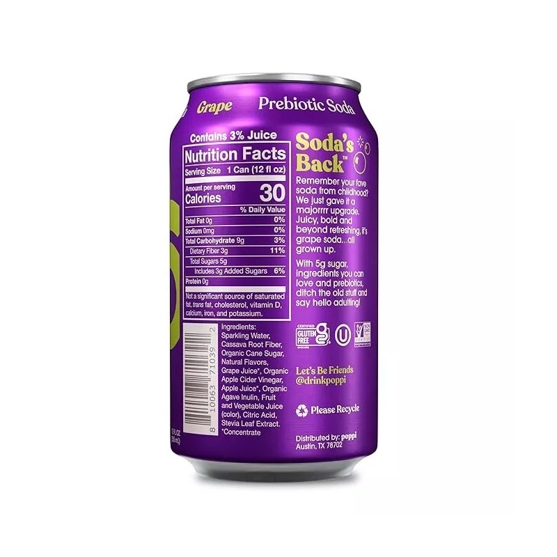 Poppi Grape Flavor, 12 Fl Oz, Pack of 12, Sparkling