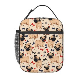 ainori Reusable Pug Lunch Box for Kids Girls Boys Women Adult, Insulated Cute Dog Lunch Bag,Polyester Cooler Bone Handbags Case for School Picnic Work Travel Beach or Hiking (Beige)