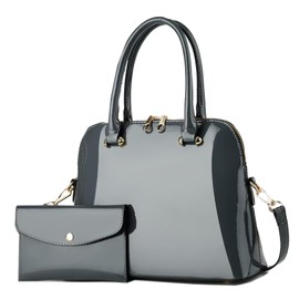 Patent Leather Handbags Shiny Shoulder Bag Elegant Top-handle Purse Come with MINI Clutch for Women, Gray